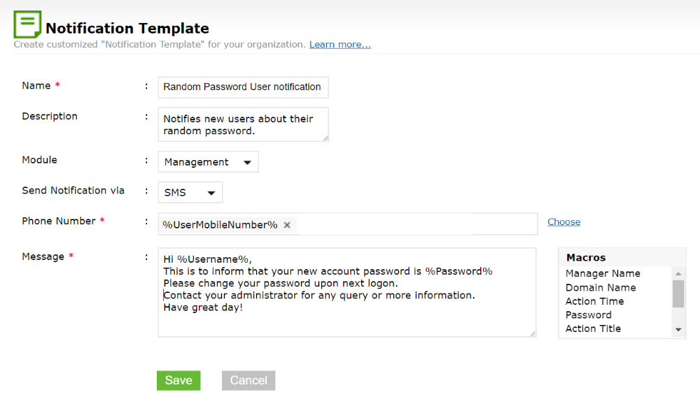 Thông báo cho người dùng về mật khẩu ngẫu nhiên của họ qua SMS